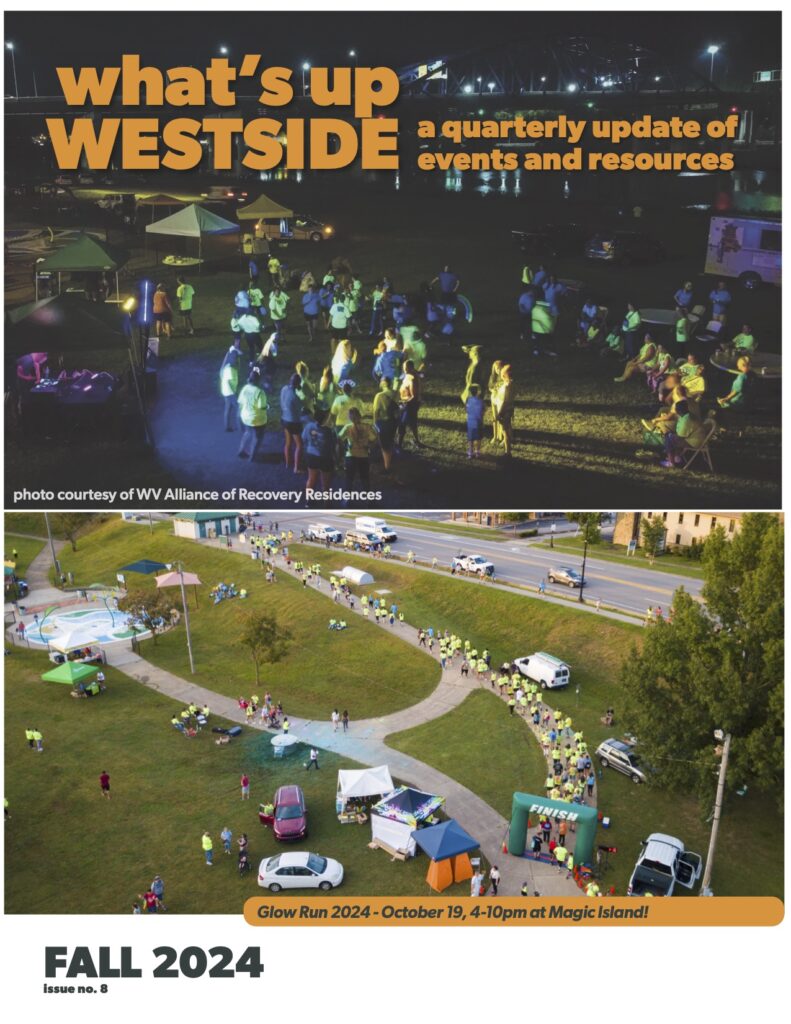 Cover of what’s up WESTSIDE Fall 2024 edition composed of two images of people wearing neon green shirts running and some text.